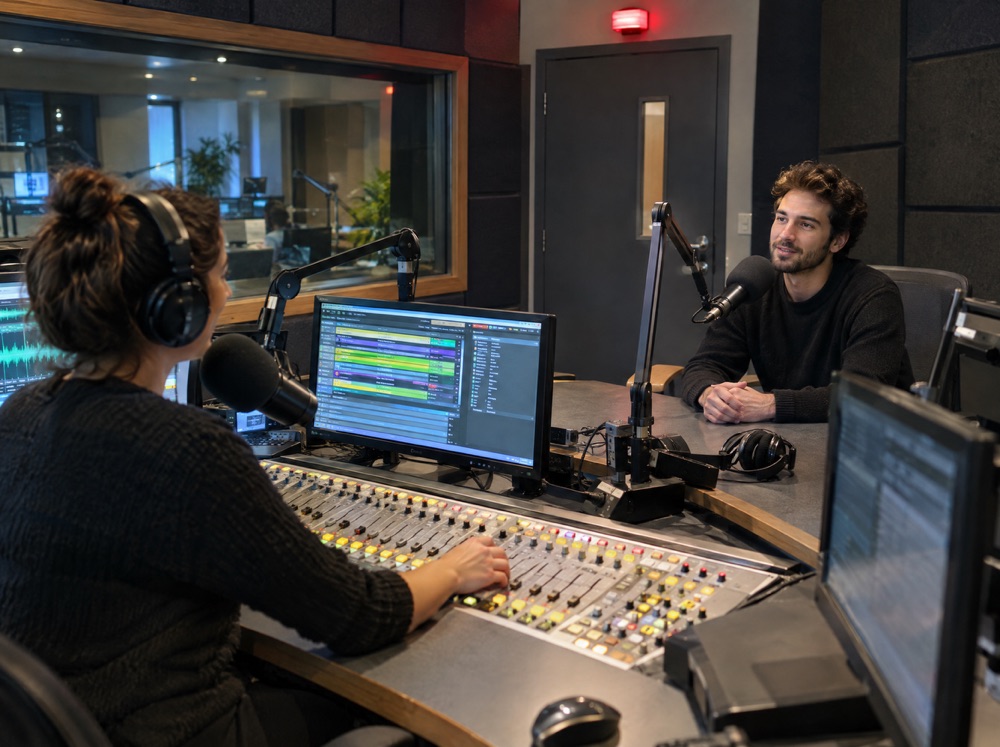Radyo yayın stüdyosunda konuğuyla canlı yayındaki DJ