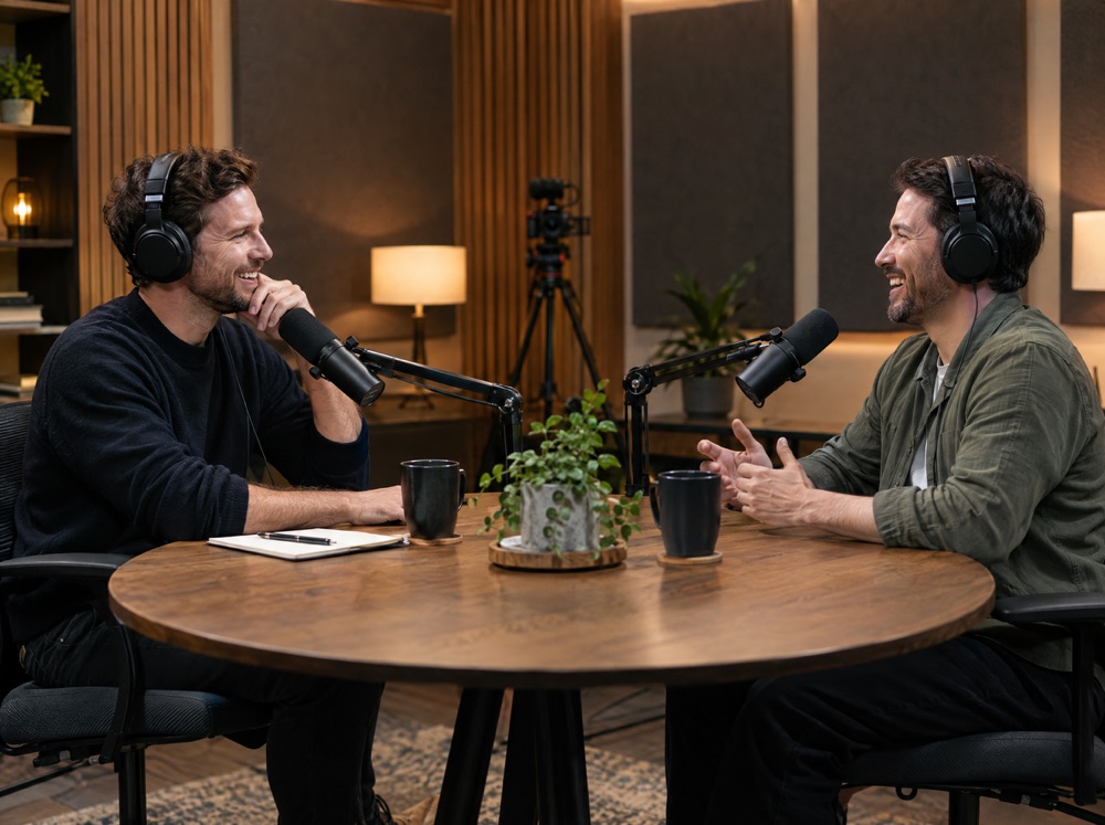 Profesyonel podcast stüdyosunda konuğuyla sohbet eden podcaster